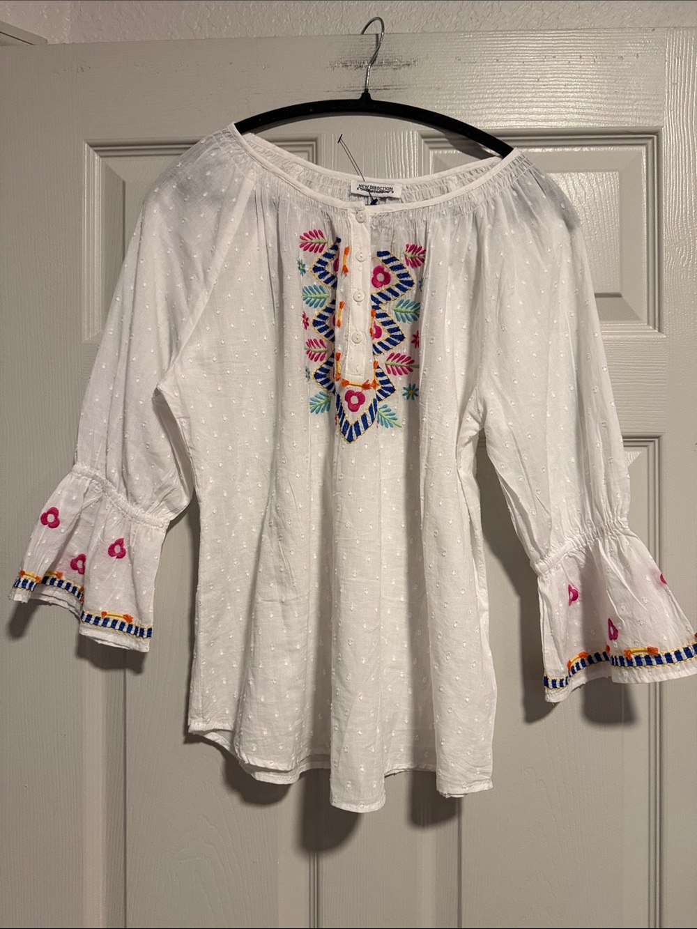 new directions White Peasant Blouse with Colorful Embroidery